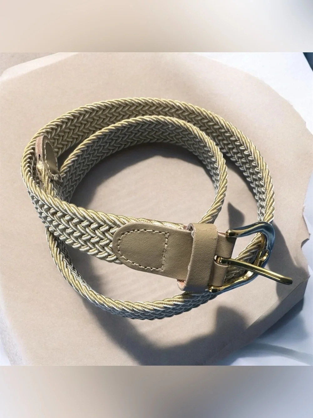 Women’s Braided Elastic Stretch Belt Gold Buckle Leather Tip Waist Belt NWOT